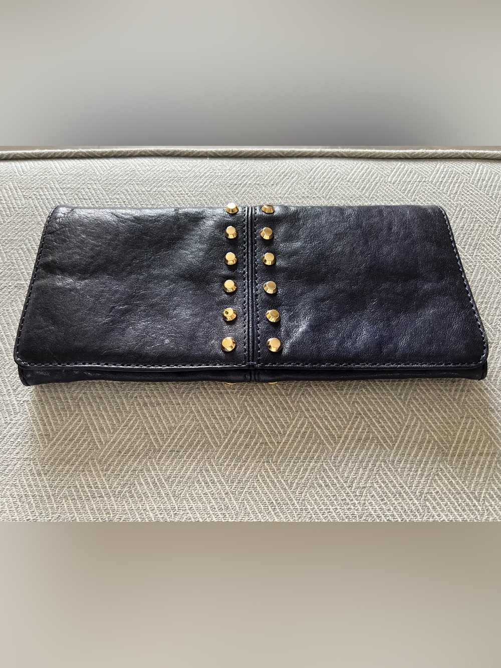 Michael Kors Navy Leather Studded Clutch - Gold Hardware